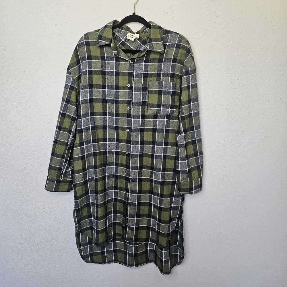 Before You Flannel Shirt Dress‎ Medium Plaid Midi Hi Lo Button Down Green Blue